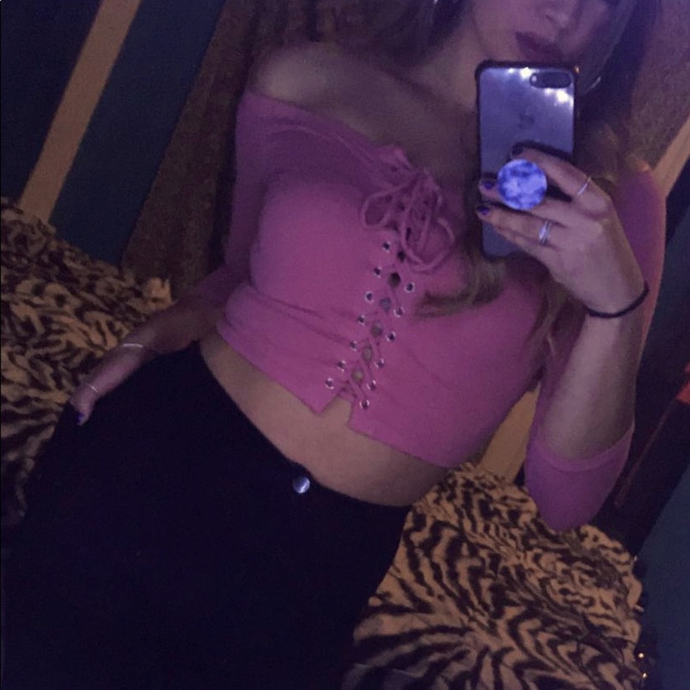 Off the shoulder lace up pink/ muted mauve long sleeve crop top